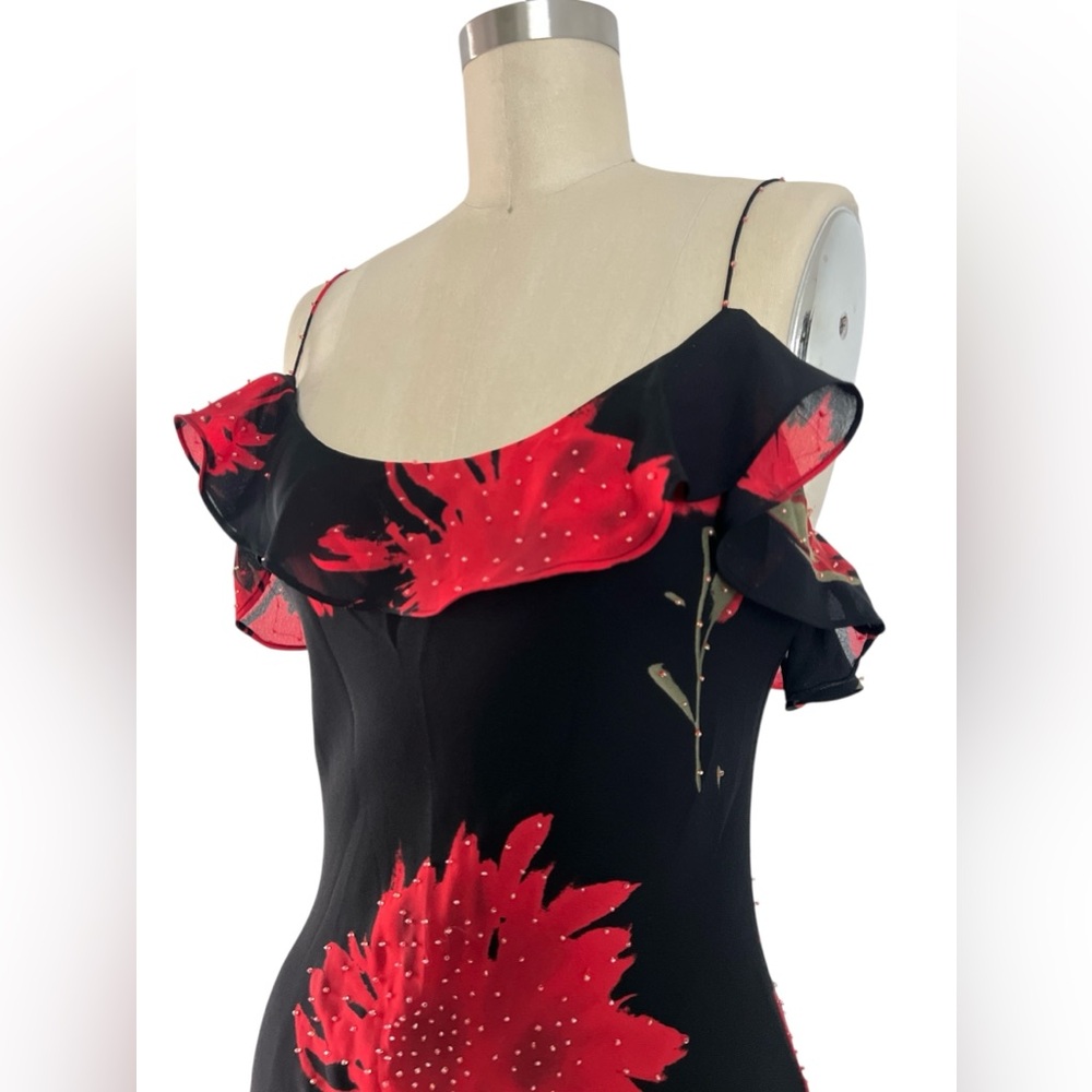 NWT!!! Y2K Sz 0 XS Cache Maxi Slip Dress Black Red Floral Beaded Fairy Ruffles - Picture 5 of 15